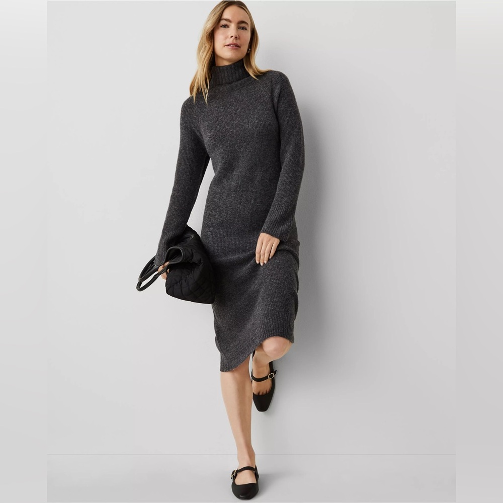 Cozy Gray Turtleneck Sweater Charcoal Gray Midi Dress Women's Small Petite